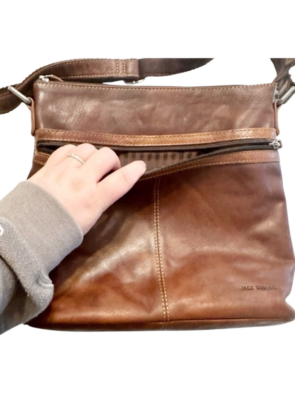 Jack Georges Brown Leather Crossbody Bag Minimalist Vintage Style - Picture 6 of 14